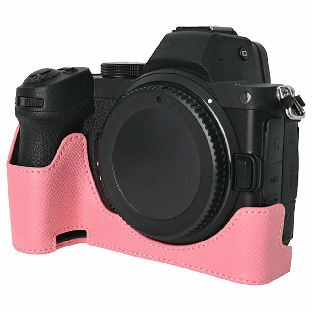 PU Leather Camera Base for Nikon Z 6 II  /  Nikon Z 5 Magnetic Palm Texture Grip Half Case Protective Cover with Flip-Open Battery Access