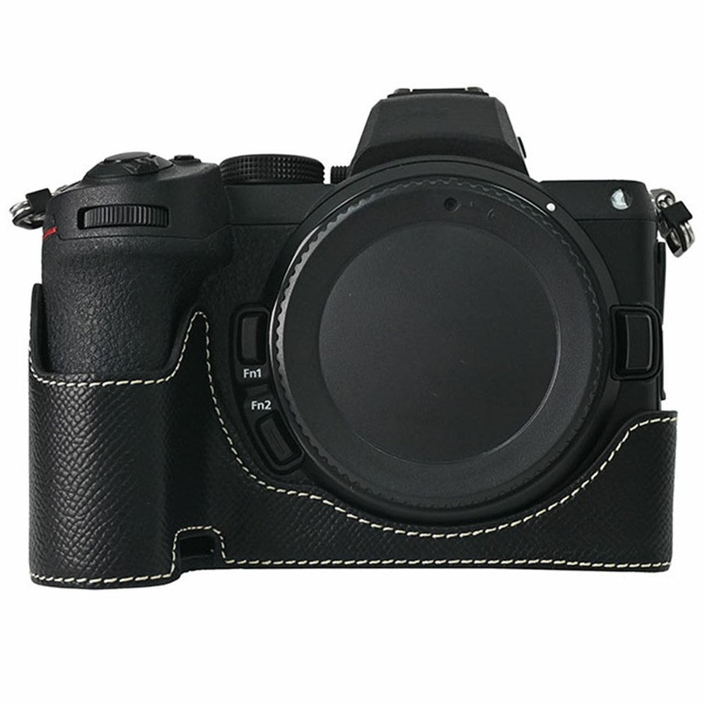 PU Leather Camera Base for Nikon Z 6 II  /  Nikon Z 5 Magnetic Palm Texture Grip Half Case Protective Cover with Flip-Open Battery Access