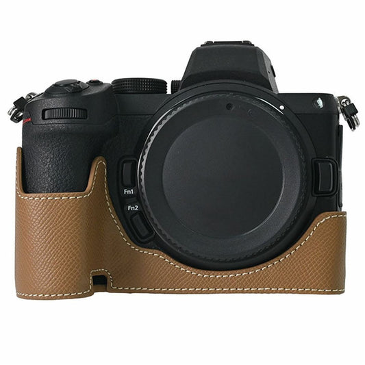 PU Leather Camera Base for Nikon Z 6 II  /  Nikon Z 5 Magnetic Palm Texture Grip Half Case Protective Cover with Flip-Open Battery Access