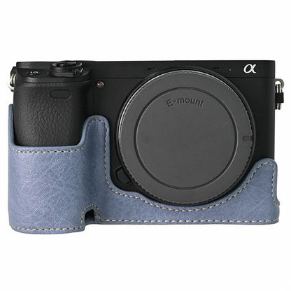 For Sony A6400 Camera Bottom Case PU Leather Lychee Texture Pattern Magnetic Base Half Cover Protective Shell with Battery Access
