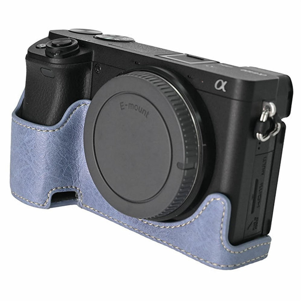 For Sony A6400 Camera Bottom Case PU Leather Lychee Texture Pattern Magnetic Base Half Cover Protective Shell with Battery Access