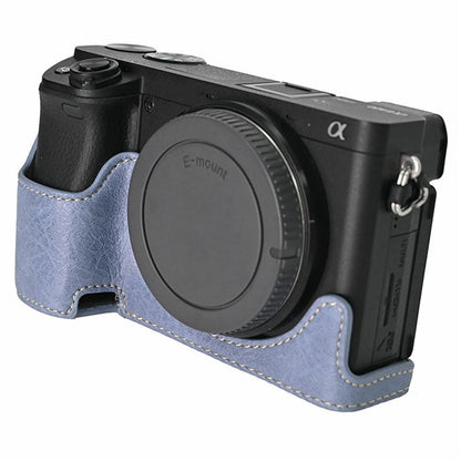 For Sony A6400 Camera Bottom Case PU Leather Lychee Texture Pattern Magnetic Base Half Cover Protective Shell with Battery Access