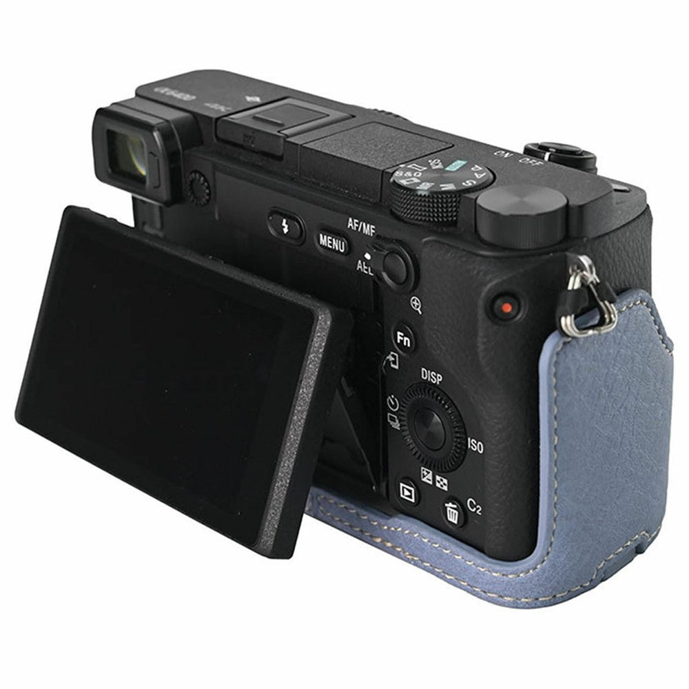 For Sony A6400 Camera Bottom Case PU Leather Lychee Texture Pattern Magnetic Base Half Cover Protective Shell with Battery Access