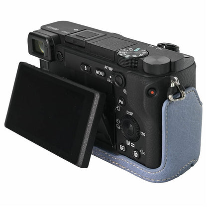 For Sony A6400 Camera Bottom Case PU Leather Lychee Texture Pattern Magnetic Base Half Cover Protective Shell with Battery Access