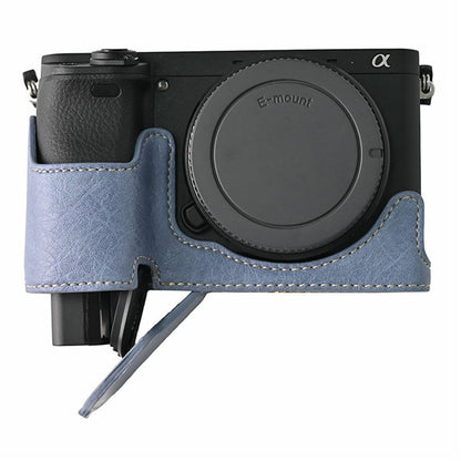 For Sony A6400 Camera Bottom Case PU Leather Lychee Texture Pattern Magnetic Base Half Cover Protective Shell with Battery Access