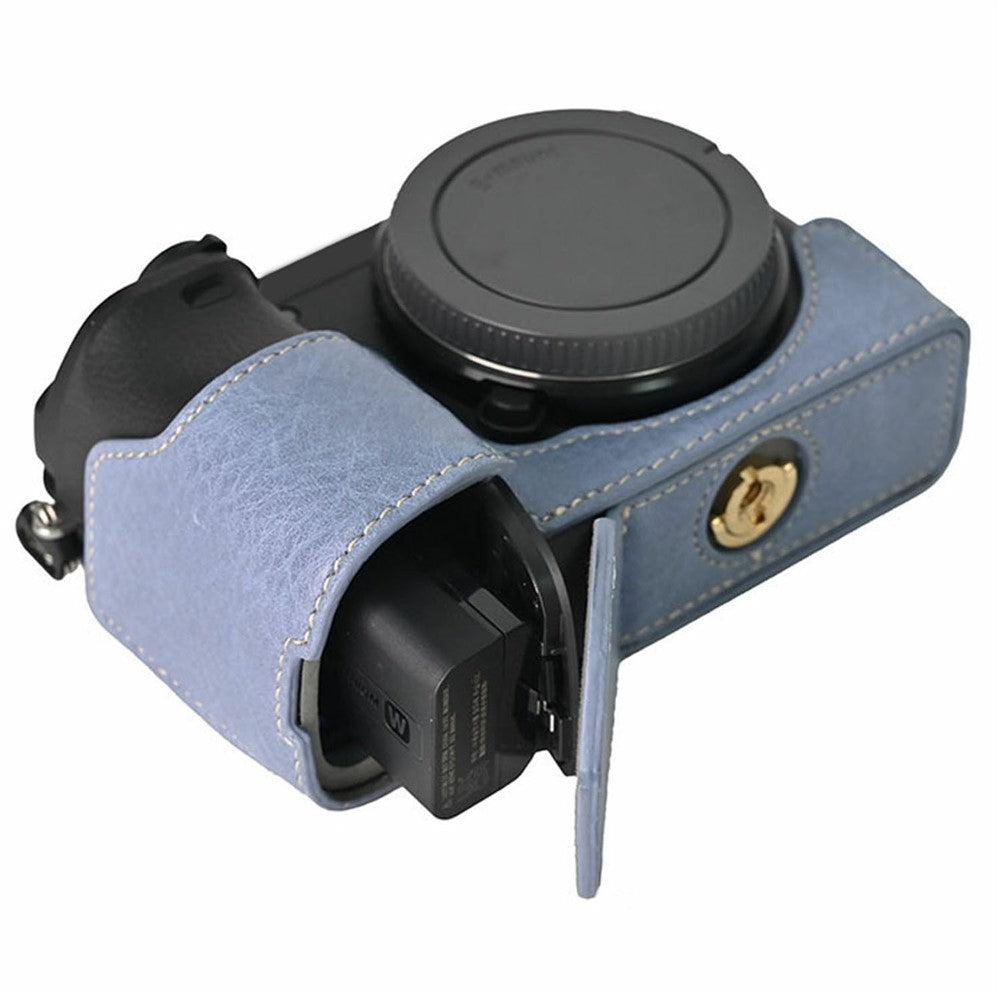For Sony A6400 Camera Bottom Case PU Leather Lychee Texture Pattern Magnetic Base Half Cover Protective Shell with Battery Access
