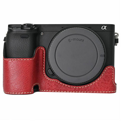 For Sony A6400 Camera Bottom Case PU Leather Lychee Texture Pattern Magnetic Base Half Cover Protective Shell with Battery Access
