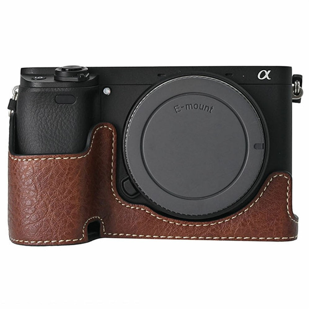 For Sony A6400 Camera Bottom Case PU Leather Lychee Texture Pattern Magnetic Base Half Cover Protective Shell with Battery Access