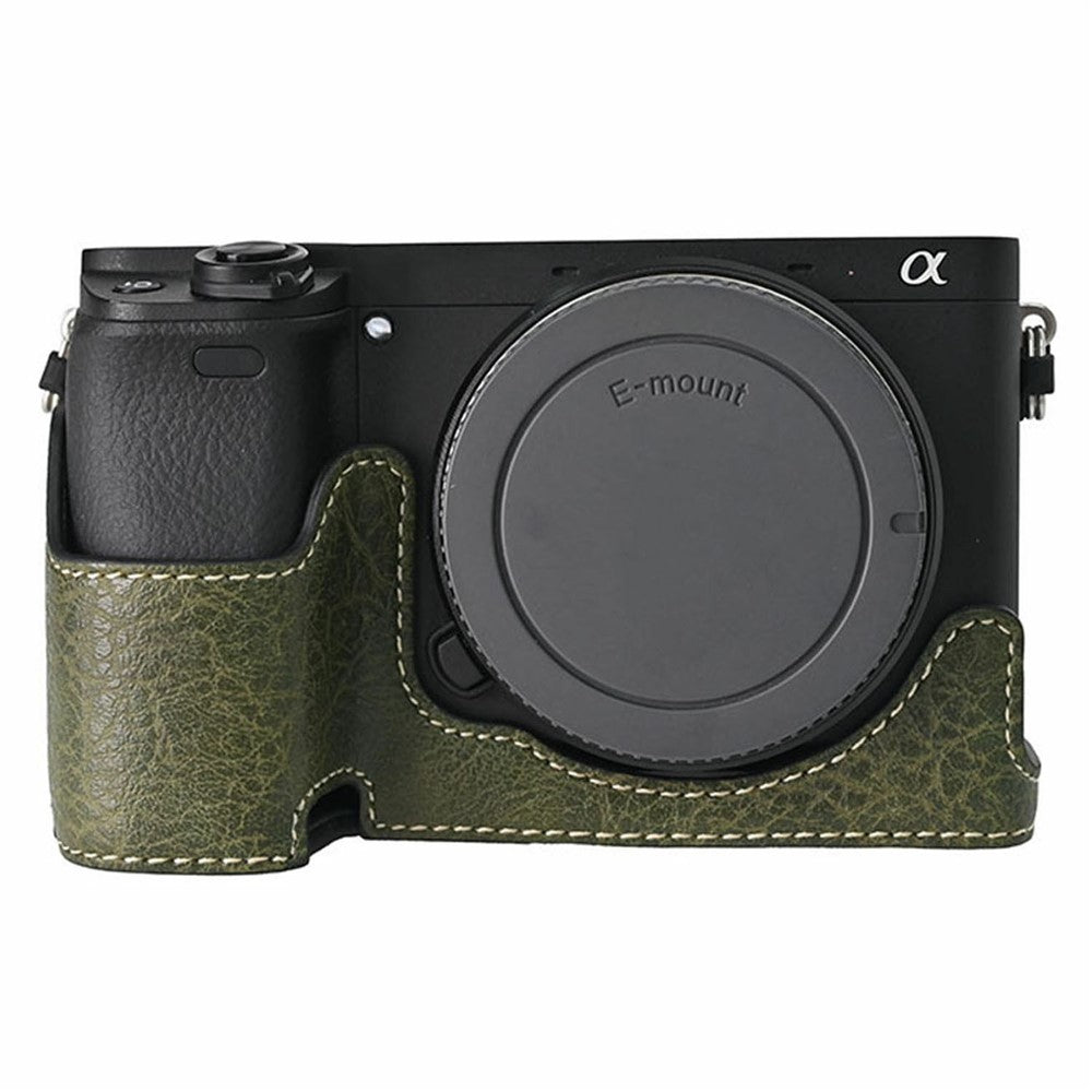 For Sony A6400 Camera Bottom Case PU Leather Lychee Texture Pattern Magnetic Base Half Cover Protective Shell with Battery Access