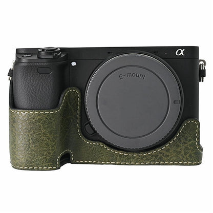 For Sony A6400 Camera Bottom Case PU Leather Lychee Texture Pattern Magnetic Base Half Cover Protective Shell with Battery Access