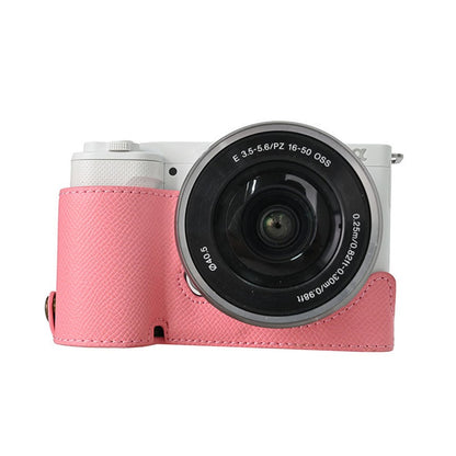 Palm Texture PU Leather Camera Case for Sony ZV-E10 Full Protection Cover with Hand Strap & Small Pouch