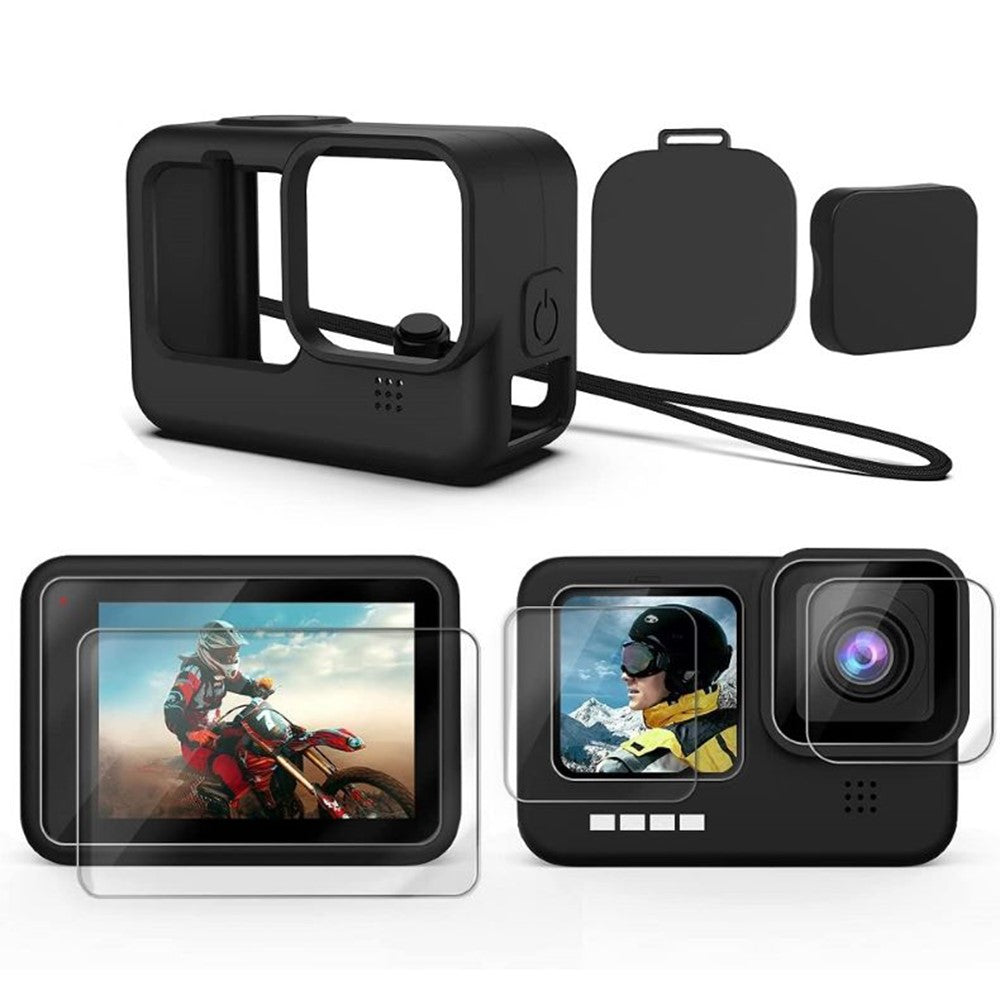 For GoPro Hero 9 / 10 / 11 / 12 Camera Soft Silicone Case Protector Body Sleeve Cover + Tempered Glass Screen Film + Lens Cap