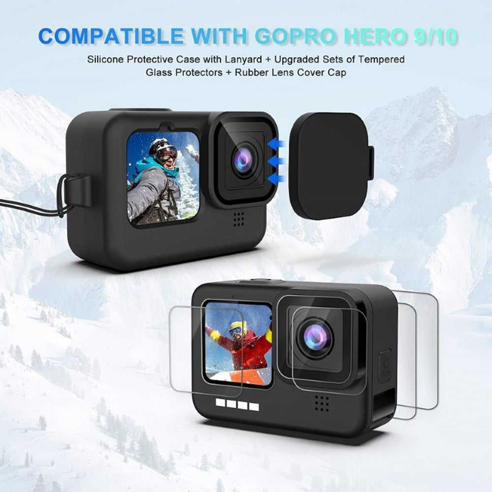 For GoPro Hero 9 / 10 / 11 / 12 Camera Soft Silicone Case Protector Body Sleeve Cover + Tempered Glass Screen Film + Lens Cap