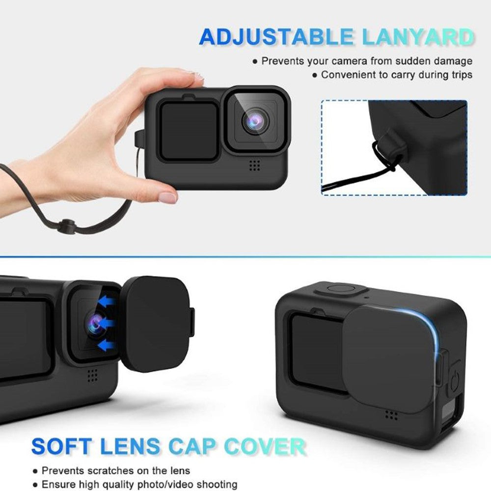 For GoPro Hero 9 / 10 / 11 / 12 Camera Soft Silicone Case Protector Body Sleeve Cover + Tempered Glass Screen Film + Lens Cap