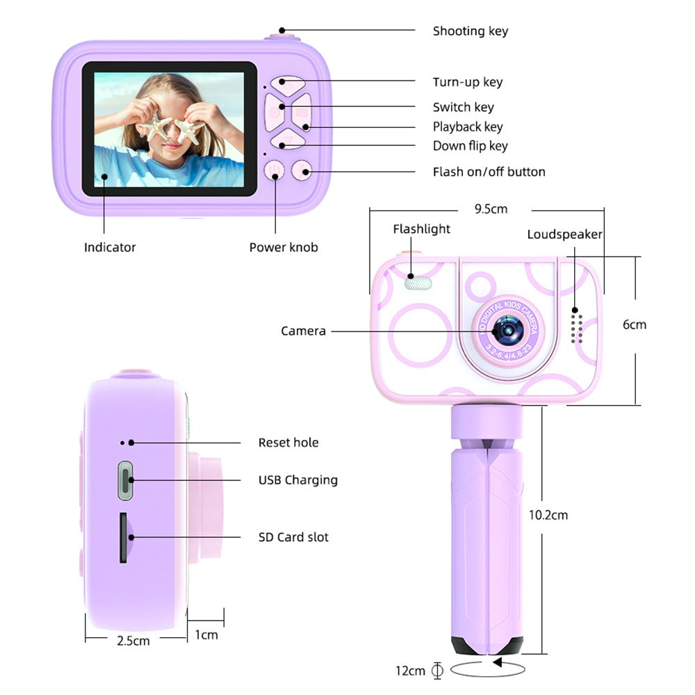 H19 2.4 inch Screen Children Camera 180-Degree Flip Camera Len with Tripod / 32G Memory Card