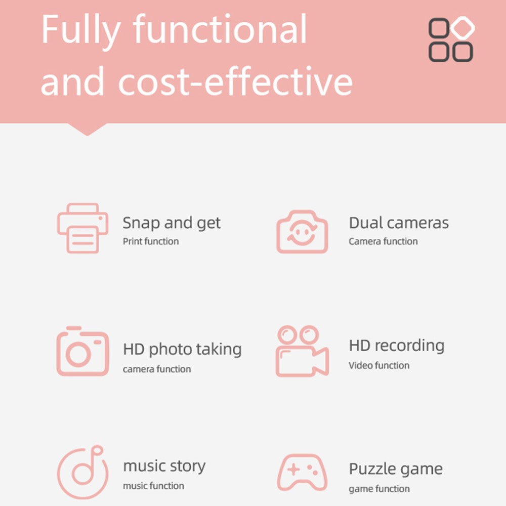 P4 2.8-Inch Kids Instant Print Camera Built-In Games HD Dual Lens Video Recorder, with 32G Memory Card + Card Reader