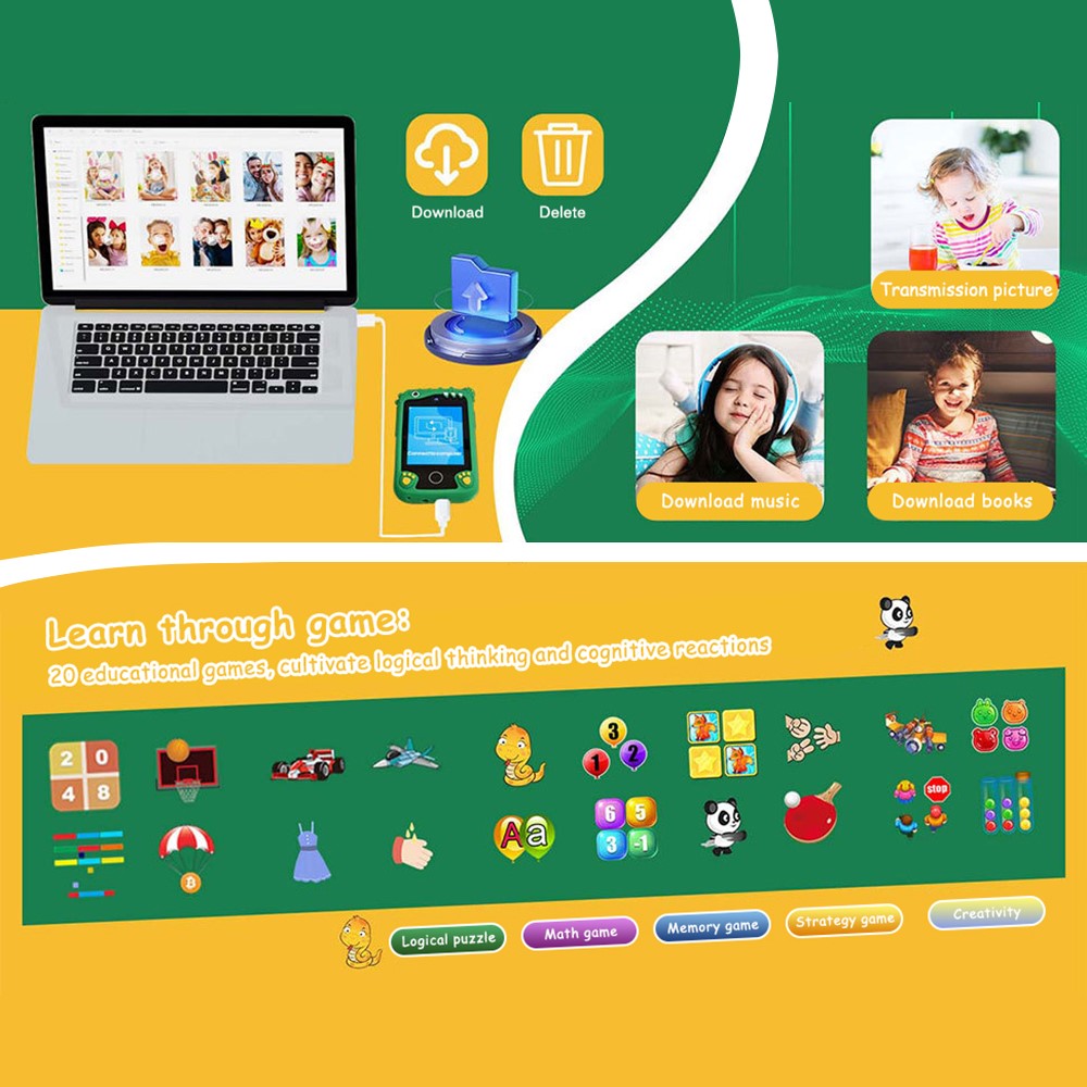 Z10 2.8 Inch Cartoon Animal Dual Lens Touch Screen Kids Camera Toy Phone Built-In Games