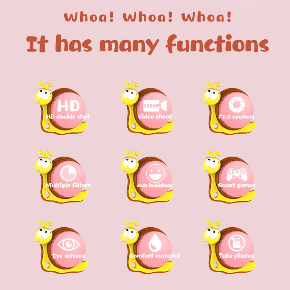 Q2 Kids Camera Toy Cartoon Snail Shaped Children Photo Video Recorder with 32G Memory Card