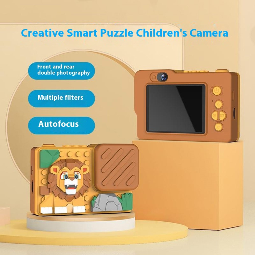H7 Lion Design 2.4-inch IPS Screen Dual Lens Camera Kids Digital Camera Building Block Toy