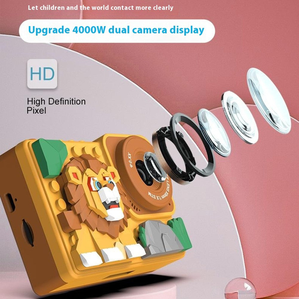 H7 Lion Design 2.4-inch IPS Screen Dual Lens Camera Kids Digital Camera Building Block Toy