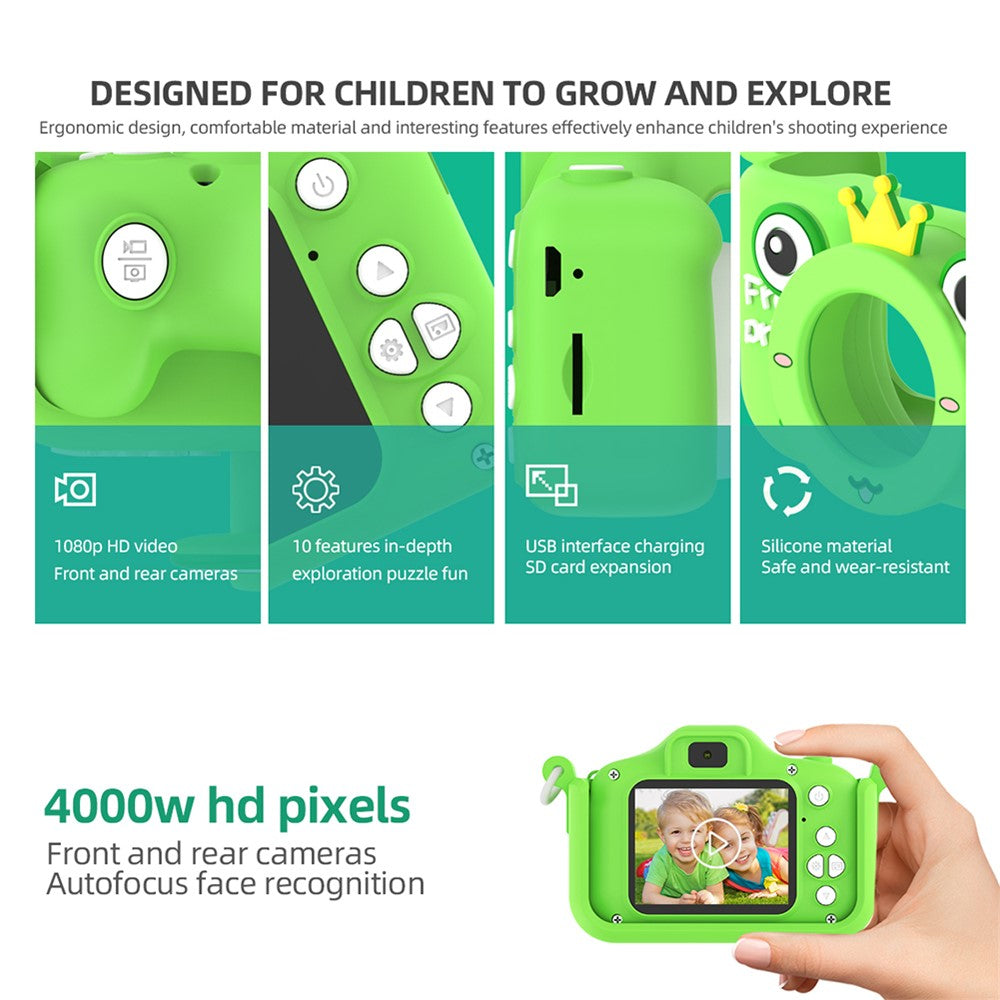 X9S 2-inch LCD Screen 4K Dual Lens Children Camera Cute Frog Kids Anti-Drop Digital Camera with Shouder Strap
