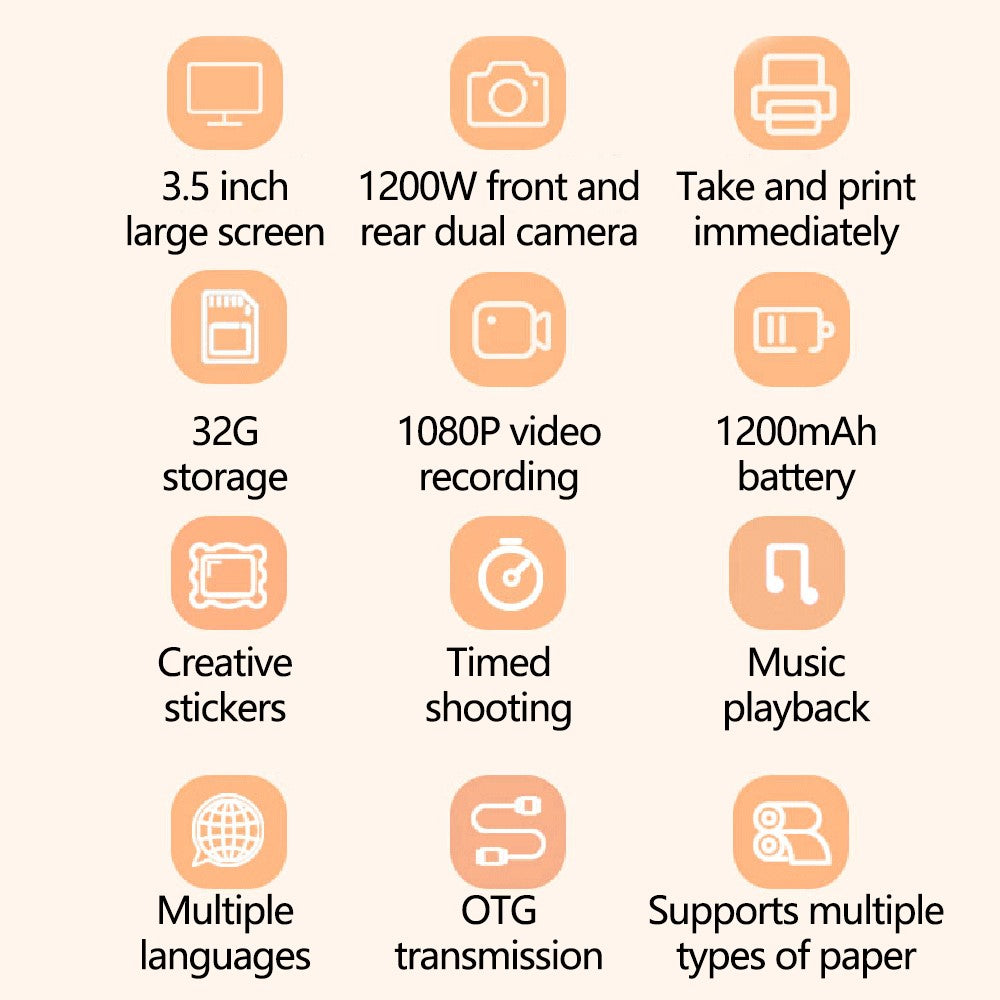 P1S HD Kids Camera 3.5-inch Inkless Print Camera 1080P Portable Cute Mini Camera Support MP3