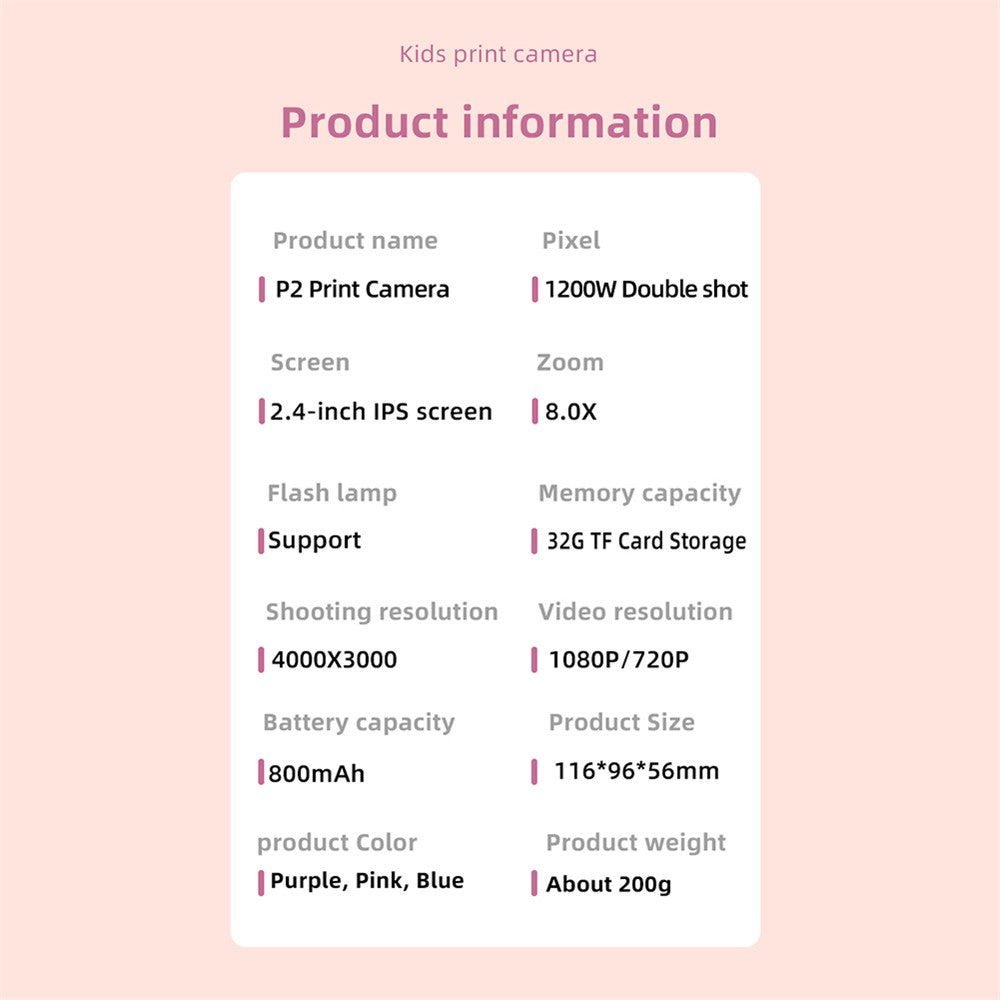 P2 2.4-inch IPS Screen Children Camera Thermal Printer Camera WiFi Printing Camera Support TF Card Storage