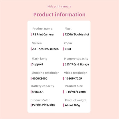 P2 2.4-inch IPS Screen Children Camera Thermal Printer Camera WiFi Printing Camera Support TF Card Storage