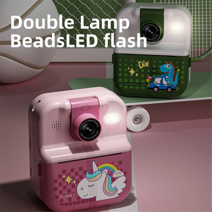 P02 2.4 Inch Instant Print Camera Cartoon Animal Pattern Flip Lens HD Camera for Kids with 32GB Card + Card Reader