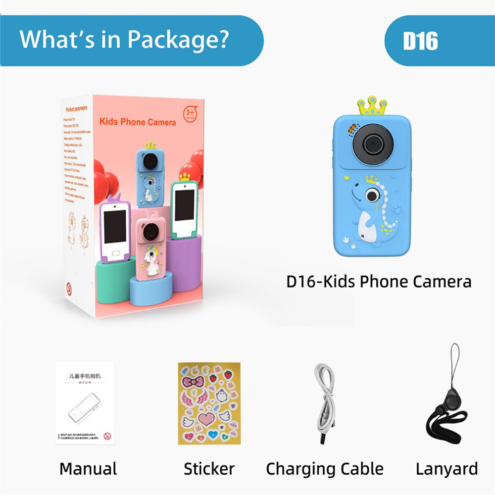 D16 2.8 Inch HD Screen Dual Lens Kids Camera Toddler Learning Phone Toy with 32GB Memory Card