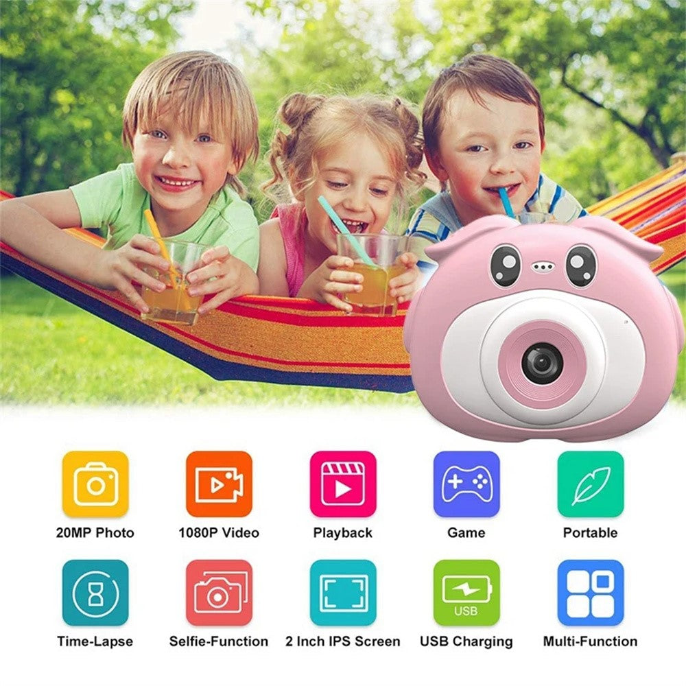 K69 For Kids Digital Camera Cartoon Animal Design 2.0 Inch HD Screen Dual Lens Video Recorder with 32GB Memory Card + Card Reader