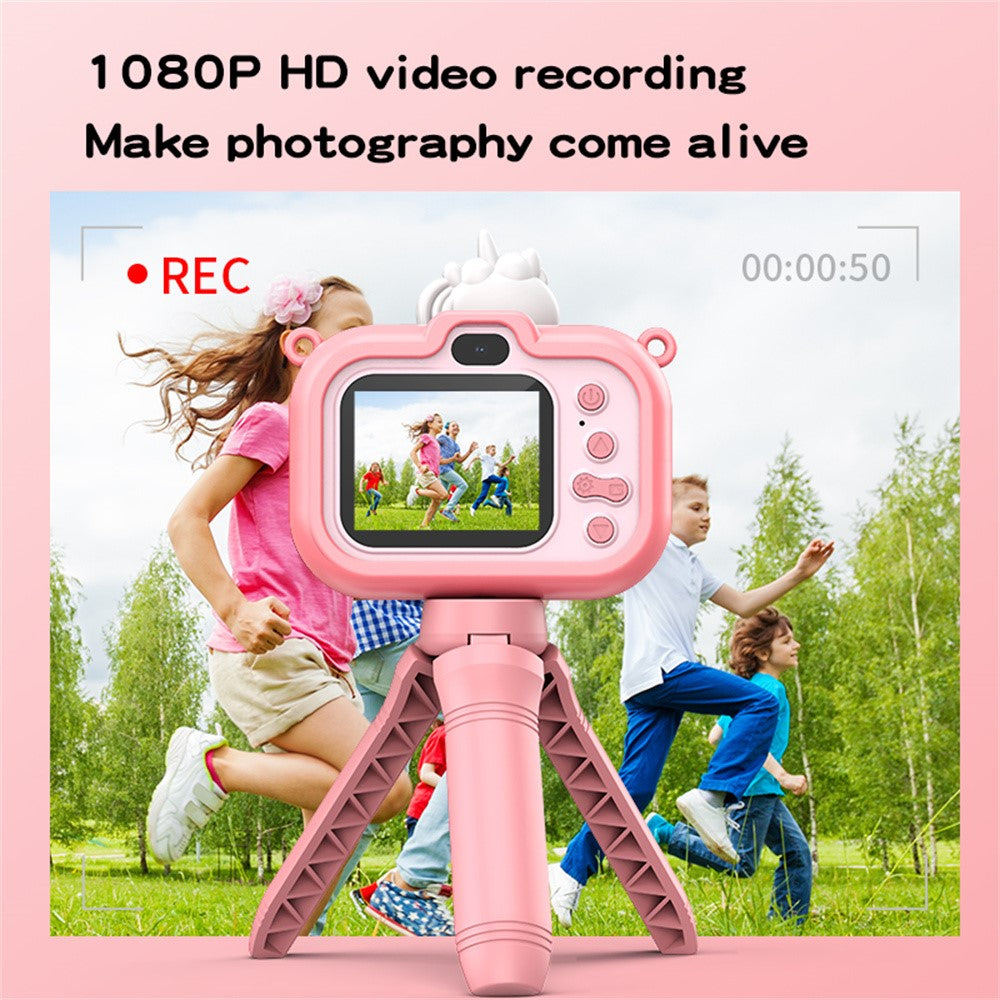 Y6 Cartoon Design Dual Lens 2.0 Inch IPS Screen Kids Camera with Handheld Tripod, with 32GB Card + Card Reader