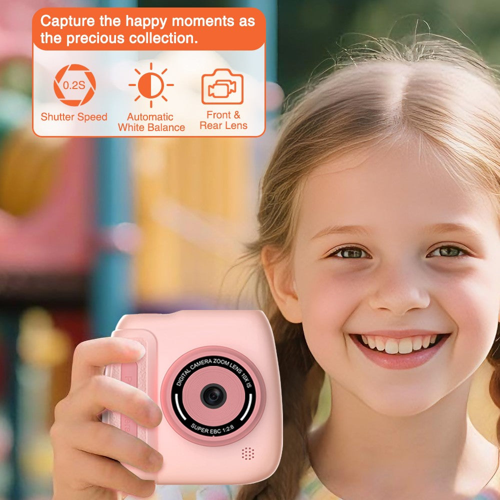 D102 2.4 Inch IPS Screen Instant Print Digital Camera for Kids 10X Zoom Dual HD Lens Video Recorder, with 32GB Card