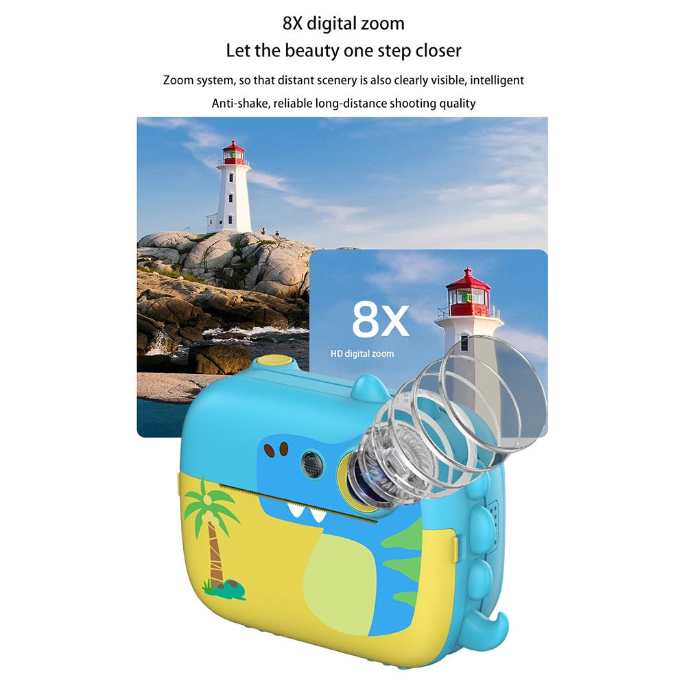 D1 Cartoon Dinosaur HD Dual Lens Kids Digital Camera 2.4 Inch IPS Screen Mini Instant Print Camera Video Recorder