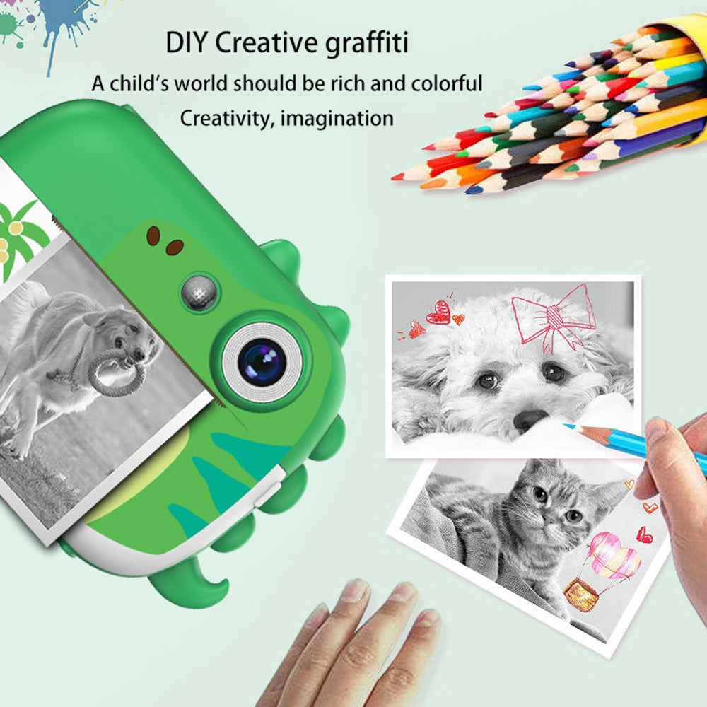 D1 Cartoon Dinosaur HD Dual Lens Kids Digital Camera 2.4 Inch IPS Screen Mini Instant Print Camera Video Recorder