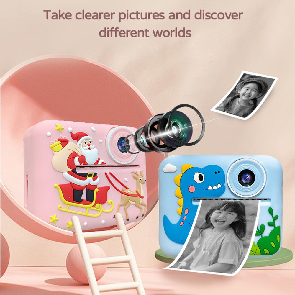 D2A Cartoon Pattern Dual Lens HD Video Recorder 2.4 Inch IPS Screen Portable Instant Print Kids Camera, with 32GB Card + Card Reader