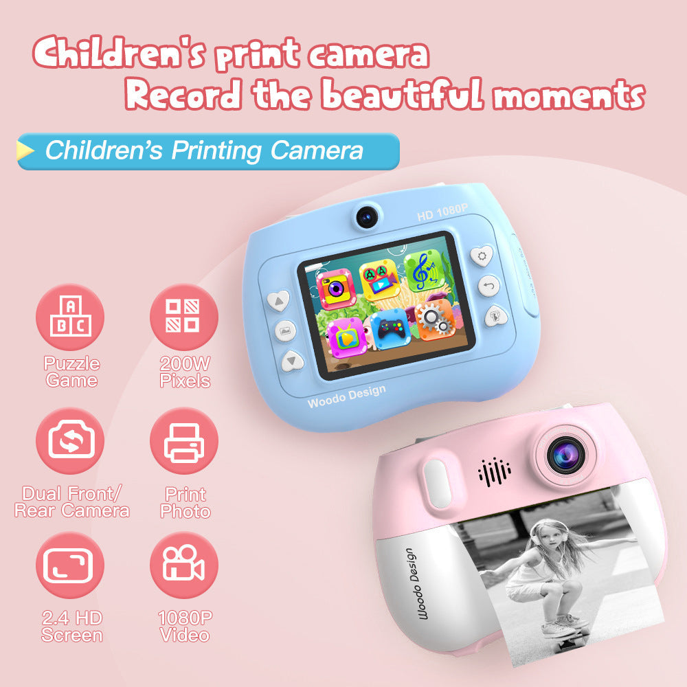 ZK18 Kids Camera Instant Print, Dual-Lens 2.4 inch 2MP 1080P Selfie Instant Cameras Support Music Play and Games