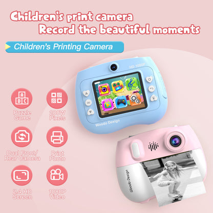 ZK18 Kids Camera Instant Print, Dual-Lens 2.4 inch 2MP 1080P Selfie Instant Cameras Support Music Play and Games