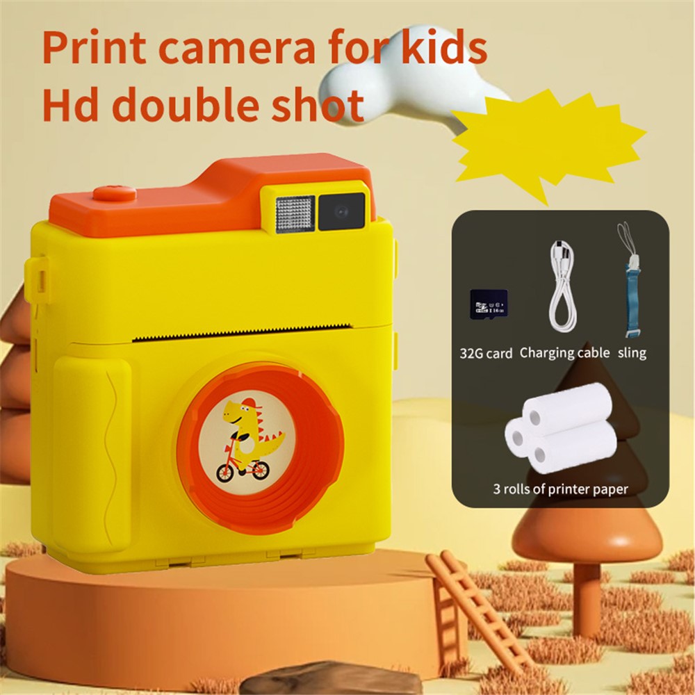 LK002 2.4-inch Screen Children HD Digital Camera Mini Inkless Photo Printer with 32G TF Card + Card Reader