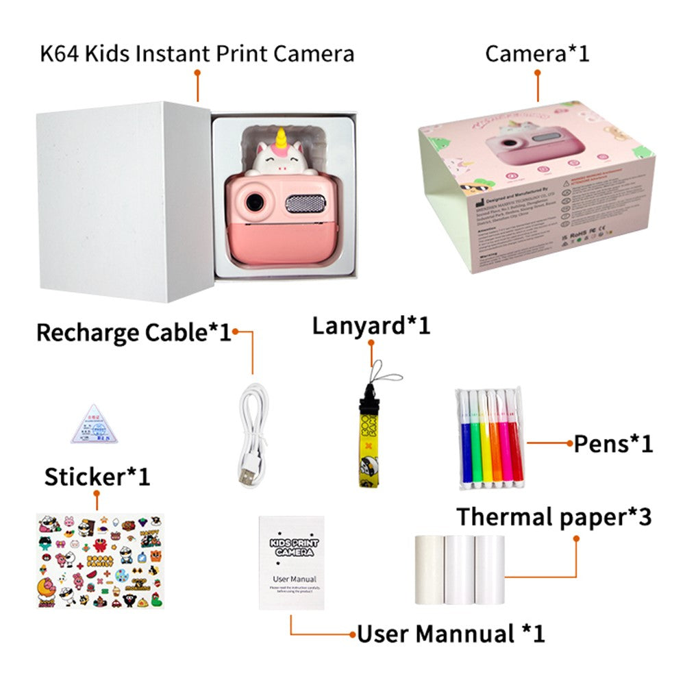 K64 Cute Dual Lens Kids HD Camera Instant Printing Thermal Photo Printer with 32G TF Card + Card Reader