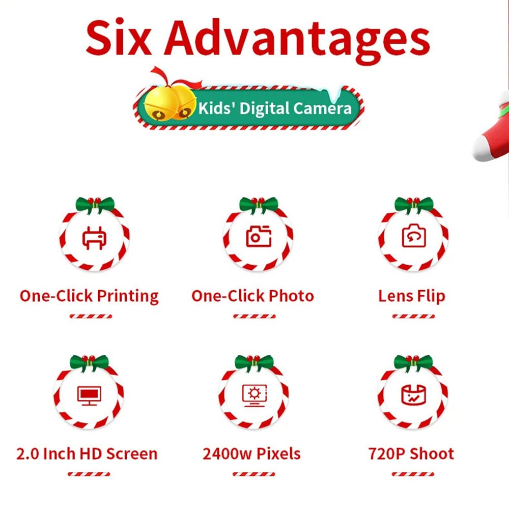 Christmas Style 2.0-inch Screen Children HD Digital Camera Instant Photo Printer with 32G TF Card + Card Reader