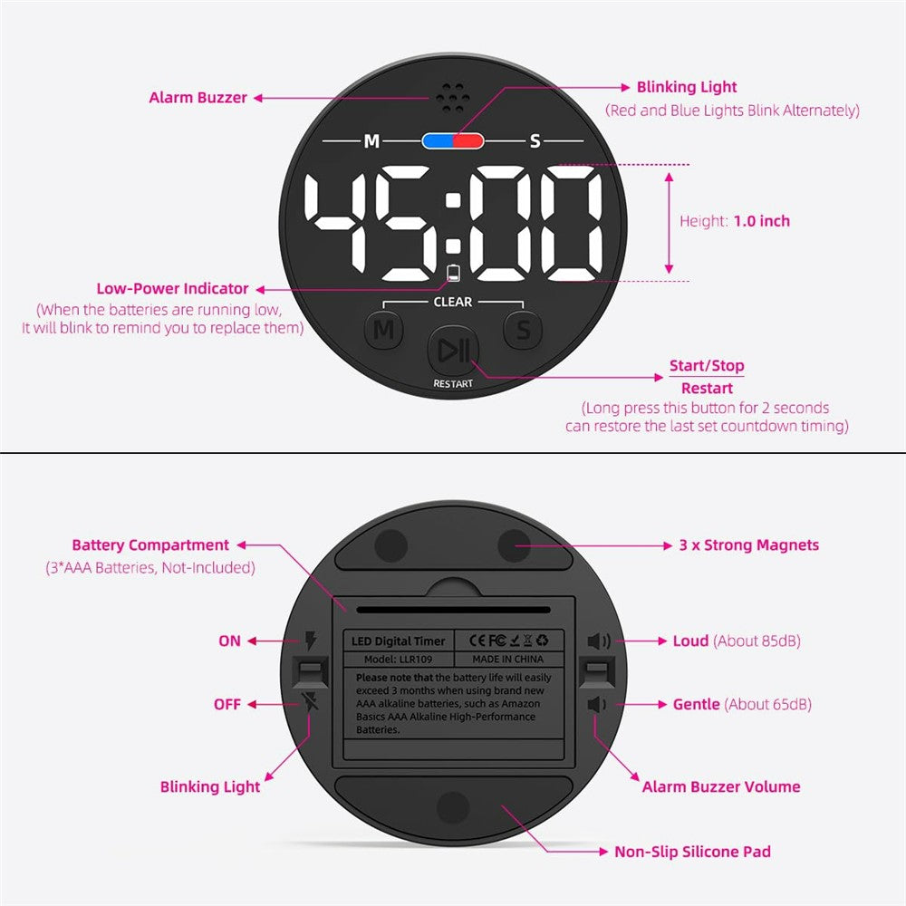 GL320 LLR109 Magnetic LED Timer Digital Display Countdown Clock for Kitchen Baking Timing Tool