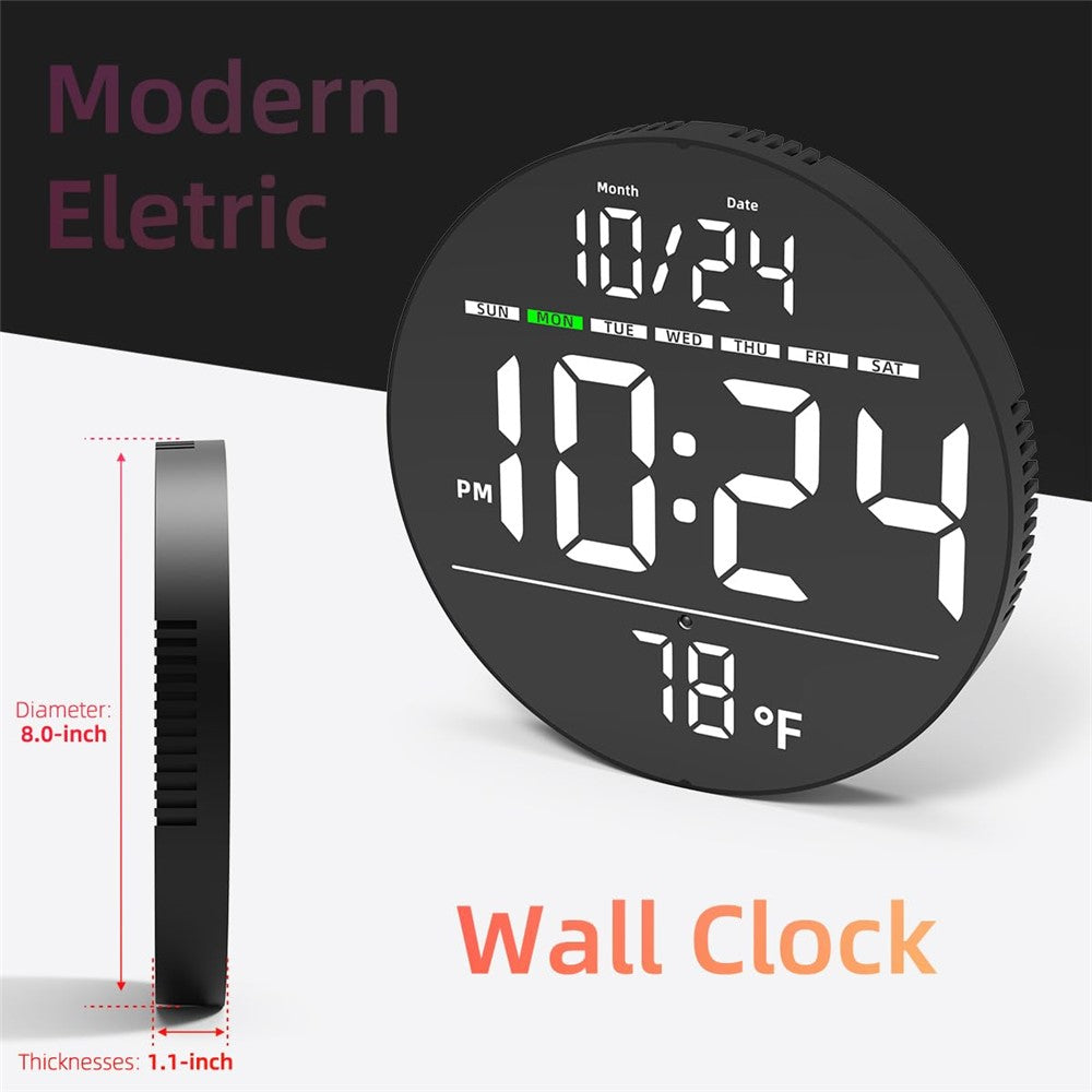 LLR083 20cm Diameter Multifunction LED Digital Wall Clock with Temperature Date Week Display