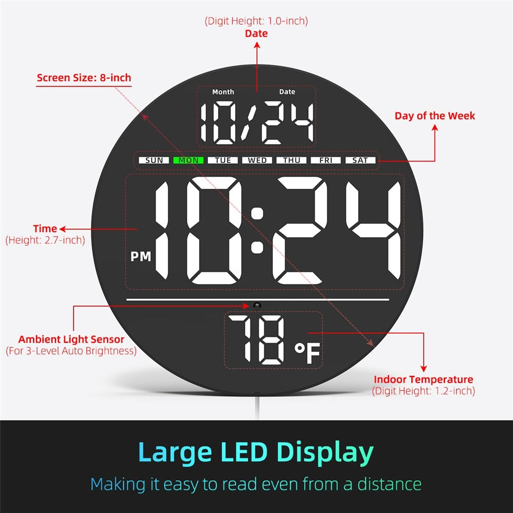 LLR083 20cm Diameter Multifunction LED Digital Wall Clock with Temperature Date Week Display