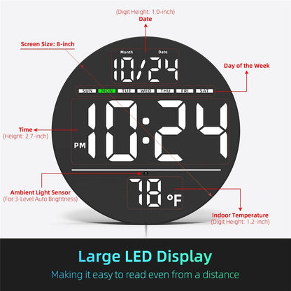LLR083 20cm Diameter Multifunction LED Digital Wall Clock with Temperature Date Week Display