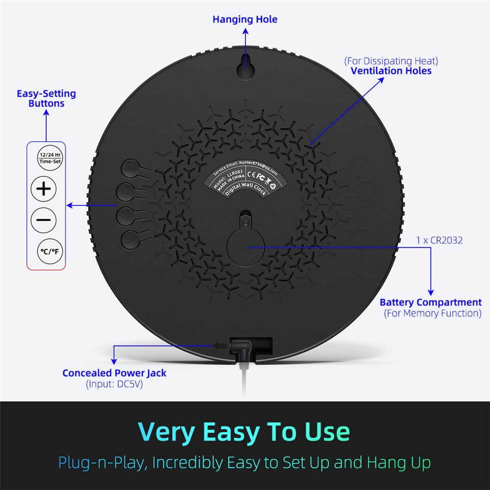 LLR083 20cm Diameter Multifunction LED Digital Wall Clock with Temperature Date Week Display