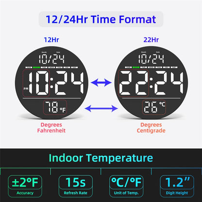 LLR083 20cm Diameter Multifunction LED Digital Wall Clock with Temperature Date Week Display