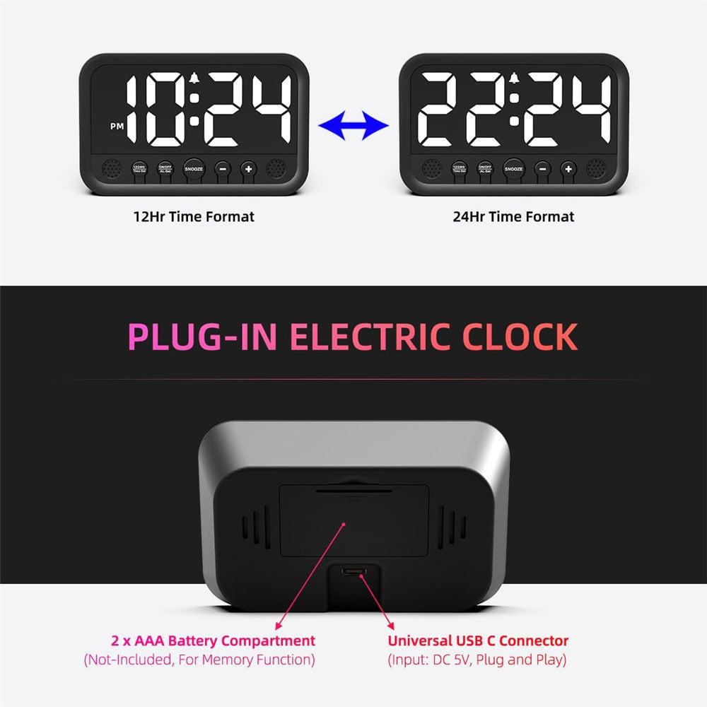 LLR104 Adjustable Volume Digital Alarm Clock USB Powered LED Display Desktop Clock with Snooze Function