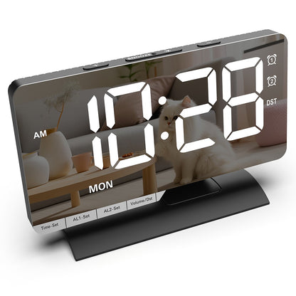 EN8836-A Weekday Display Large Screen Dimmable LED Mirror Digital Alarm Clock with DST Function and Dual Charging Ports