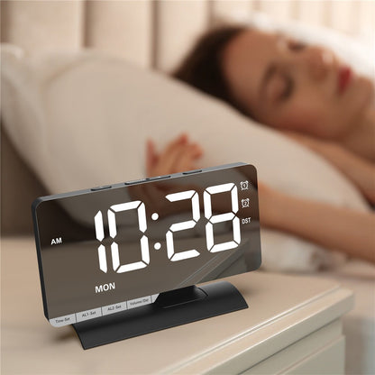 EN8836-A Weekday Display Large Screen Dimmable LED Mirror Digital Alarm Clock with DST Function and Dual Charging Ports
